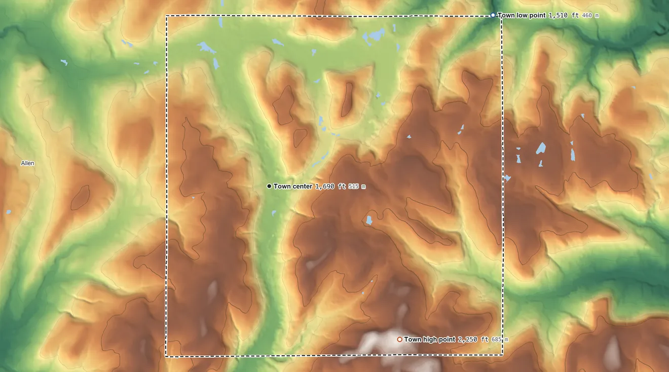 Topographic elevation map of Birdsall, New York, shaded from 1,510 ft on the northeast side to 2,250 ft on Jersey Hill