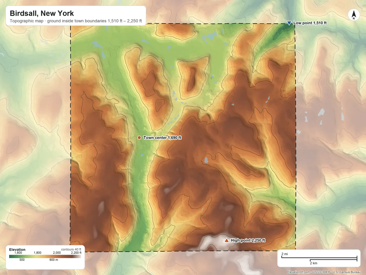 Topographic elevation map of Birdsall, New York, shaded from 1,510 ft on the northeast side to 2,250 ft on Jersey Hill
