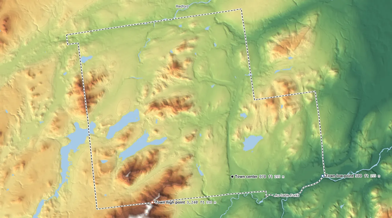 Topographic elevation map of Black Brook, New York, shaded from 500 ft on the east side to 3,240 ft on the west side
