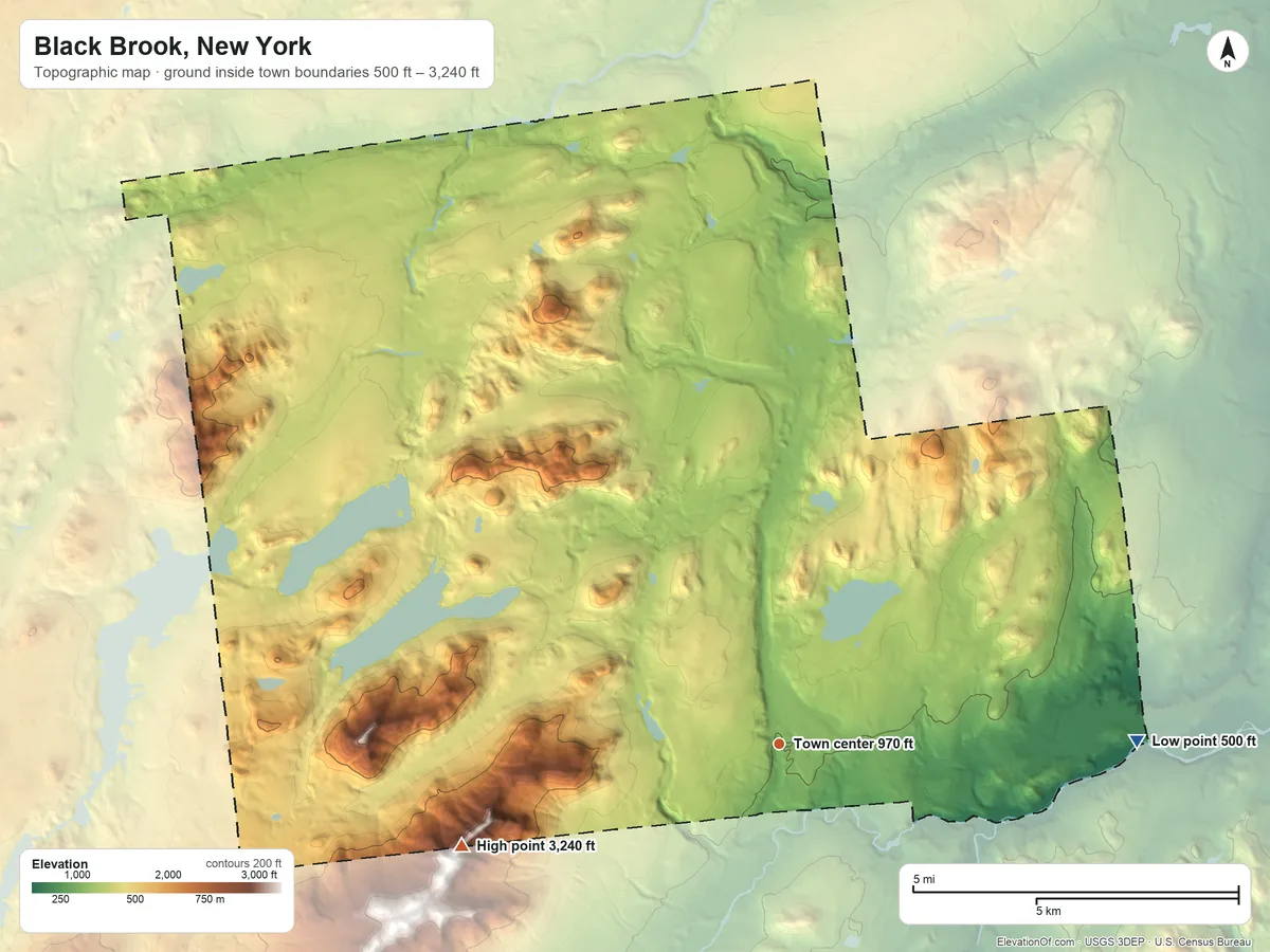 Topographic elevation map of Black Brook, New York, shaded from 500 ft on the east side to 3,240 ft on the west side