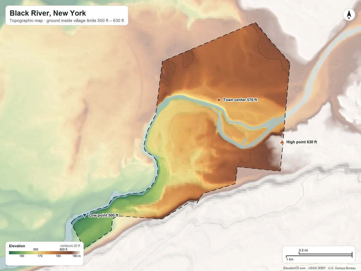 Topographic elevation map of Black River, New York, shaded from 500 ft on the southwest side to 630 ft on the southeast edge, below higher ground just outside
