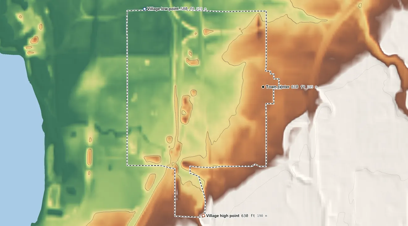 Topographic elevation map of Blasdell, New York, shaded from 580 ft on the northwest side to 630 ft on the southwest side