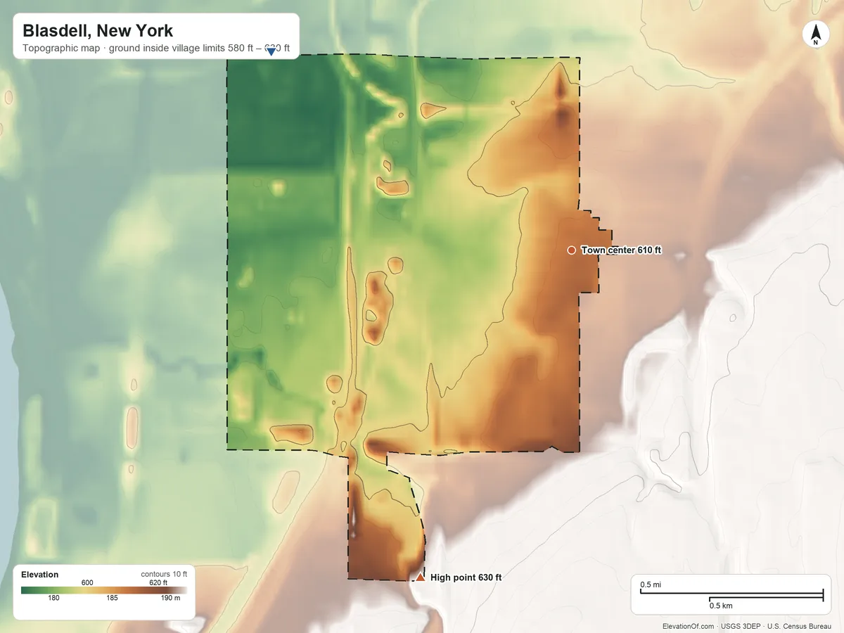Topographic elevation map of Blasdell, New York, shaded from 580 ft on the northwest side to 630 ft on the southwest side