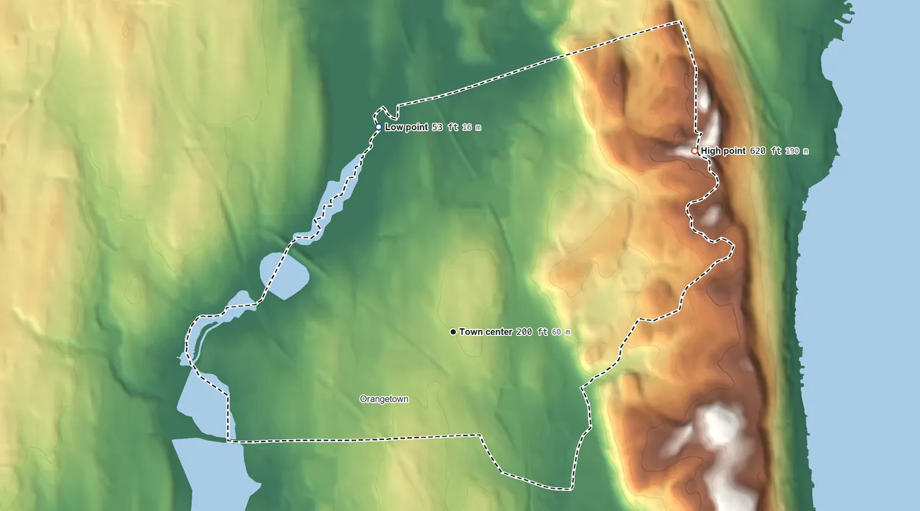 Topographic elevation map of Blauvelt, New York, shaded from 53 ft on the north side to 620 ft on the northeast side