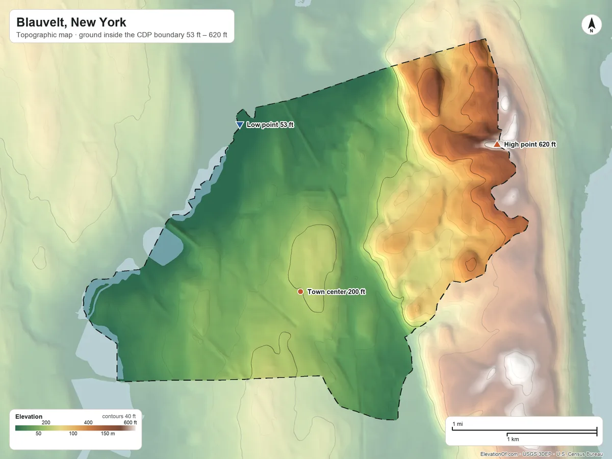 Topographic elevation map of Blauvelt, New York, shaded from 53 ft on the north side to 620 ft on the northeast side