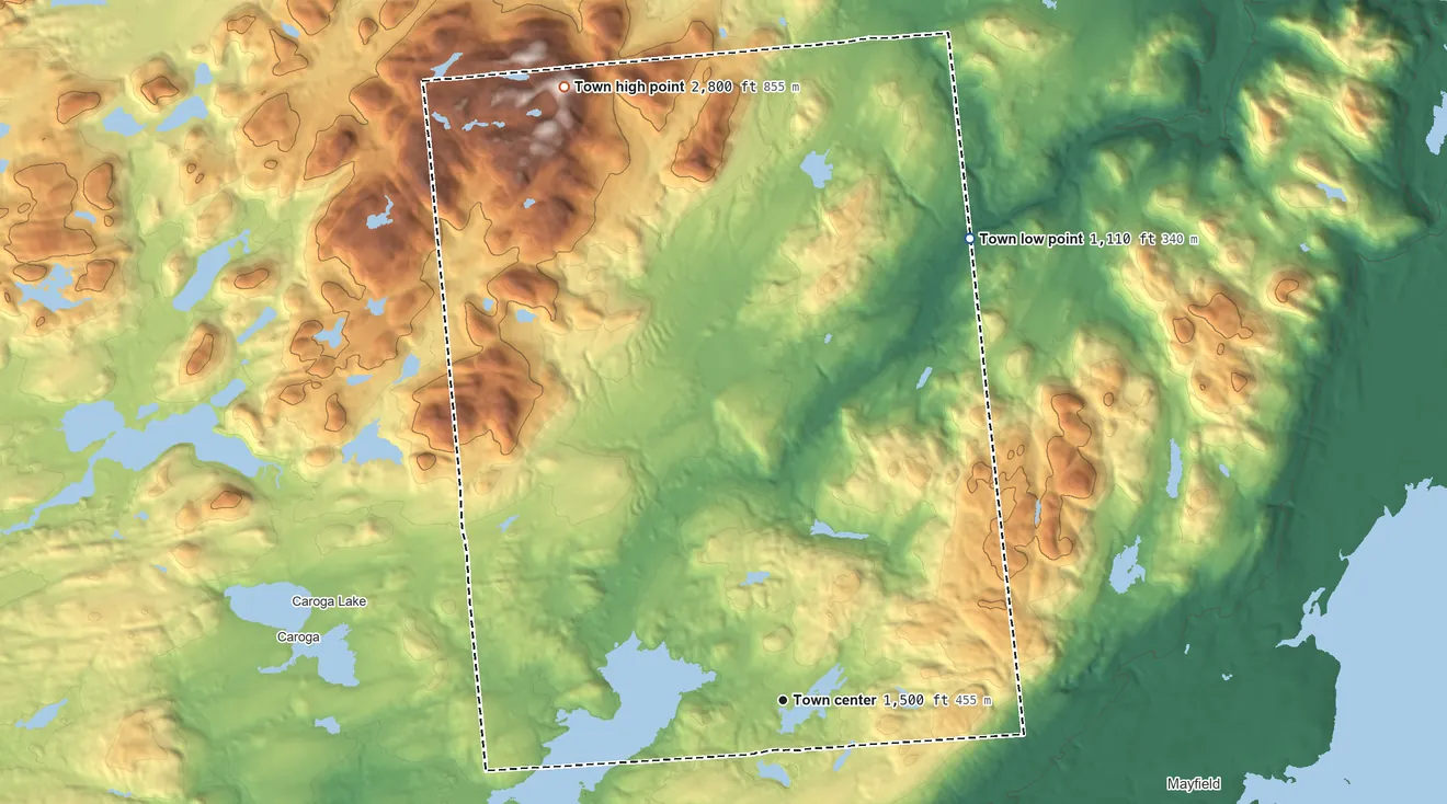 Topographic elevation map of Bleecker, New York, shaded from 1,110 ft on the north side to 2,800 ft on Pigeon Mountain