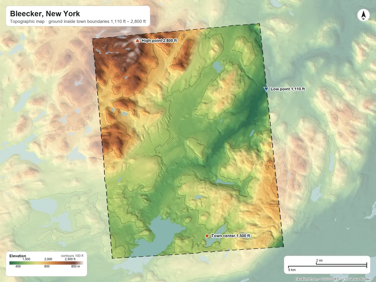 Topographic elevation map of Bleecker, New York, shaded from 1,110 ft on the north side to 2,800 ft on Pigeon Mountain