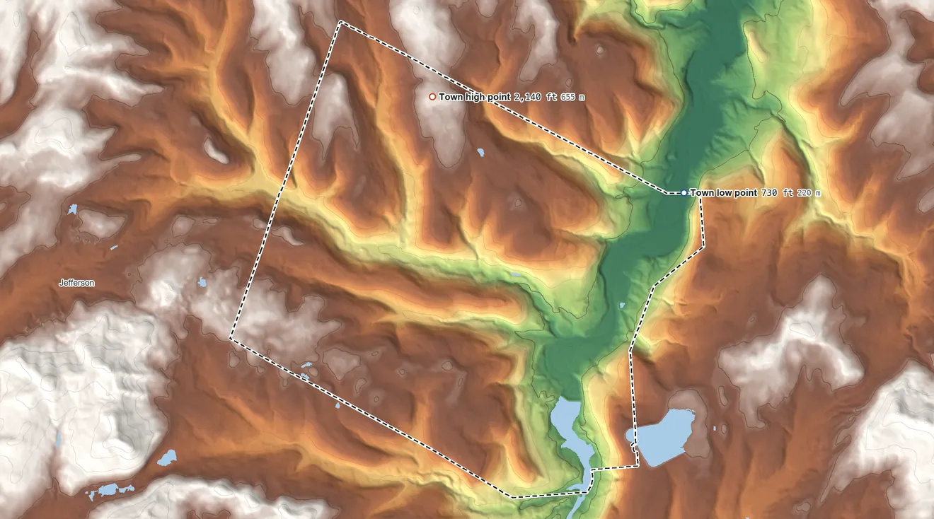 Topographic elevation map of Blenheim, New York, shaded from 730 ft on the northeast side to 2,140 ft on the north side