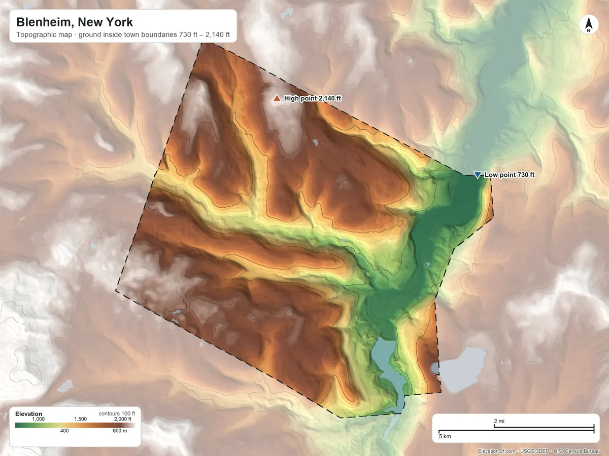 Topographic elevation map of Blenheim, New York, shaded from 730 ft on the northeast side to 2,140 ft on the north side