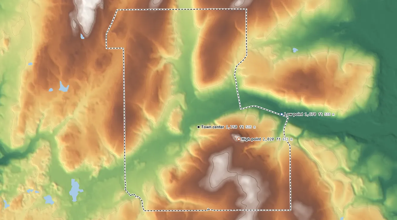 Topographic elevation map of Bliss, New York, shaded from 1,670 ft on the east side to 2,020 ft on the east side