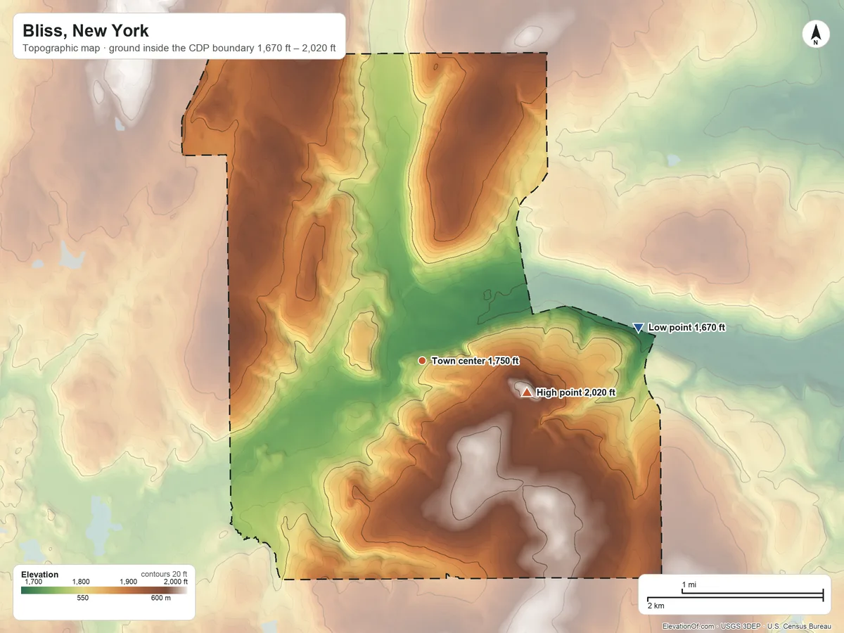 Topographic elevation map of Bliss, New York, shaded from 1,670 ft on the east side to 2,020 ft on the east side