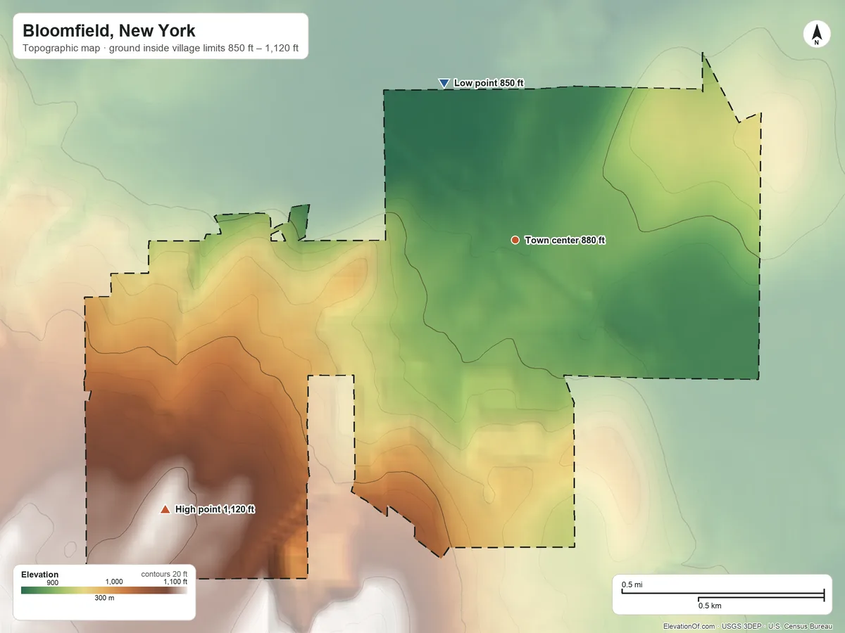 Topographic elevation map of Bloomfield, New York, shaded from 850 ft on the northwest side to 1,120 ft on the southwest side