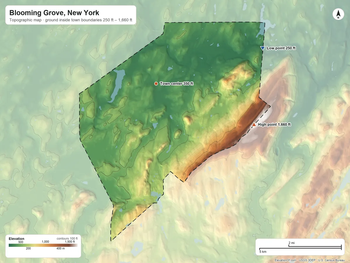 Topographic elevation map of Blooming Grove, New York, shaded from 250 ft on the east side to 1,660 ft on the southeast side