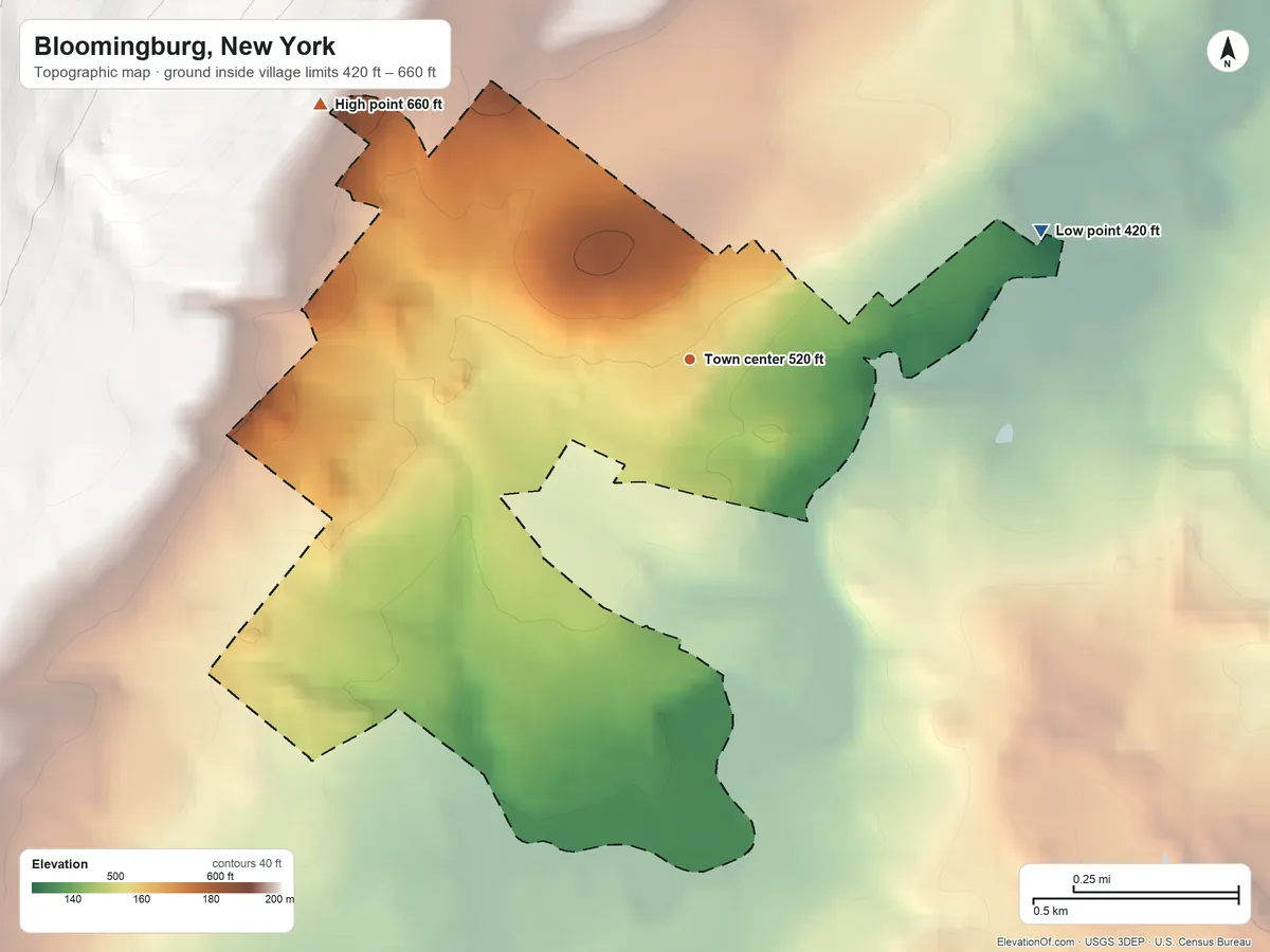 Topographic elevation map of Bloomingburg, New York, shaded from 420 ft on the east side to 660 ft at the foot of the Shawangunk Mountains
