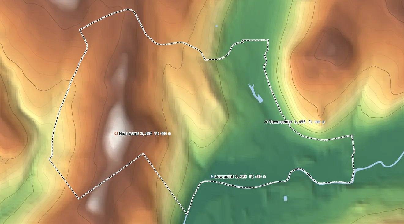 Topographic elevation map of Bloomville, New York, shaded from 1,420 ft on the southwest side to 2,150 ft on the west side