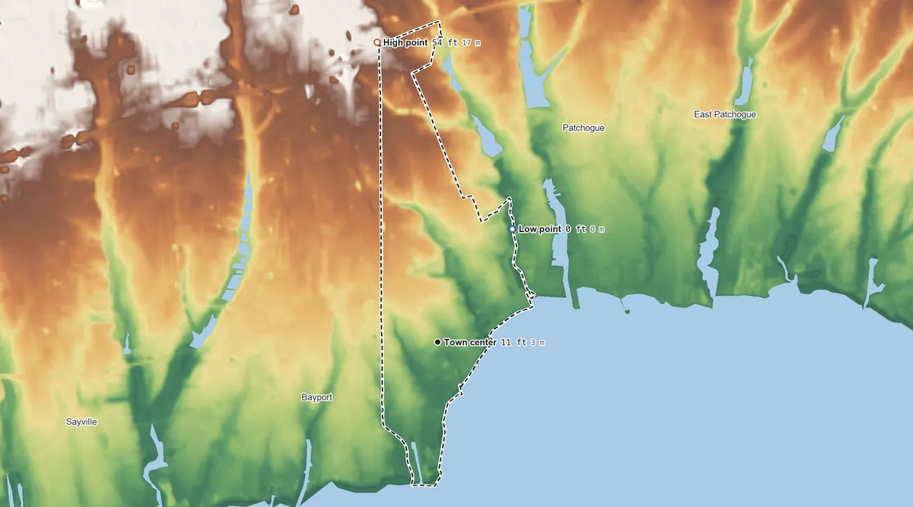 Topographic elevation map of Blue Point, New York, shaded from sea level level on Great South Bay to 54 ft on the north side