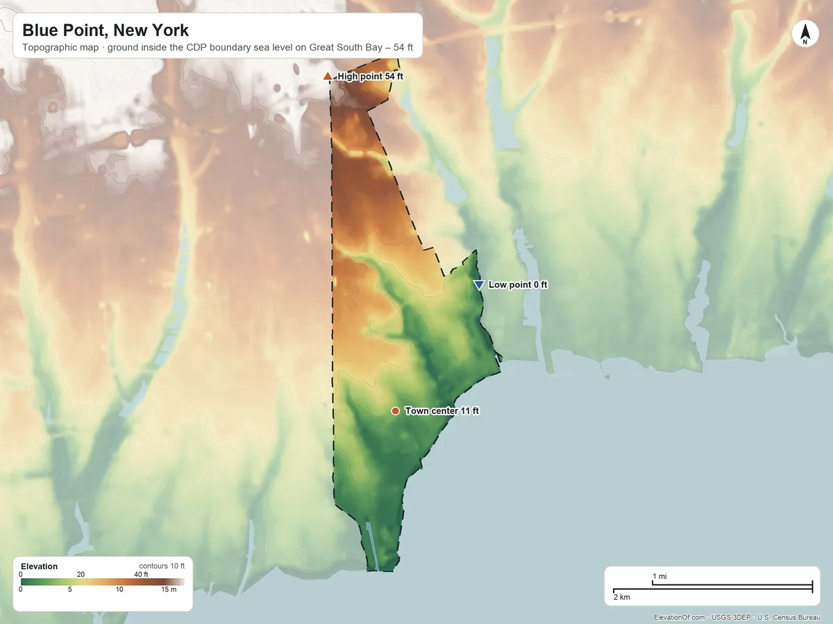 Topographic elevation map of Blue Point, New York, shaded from sea level level on Great South Bay to 54 ft on the north side