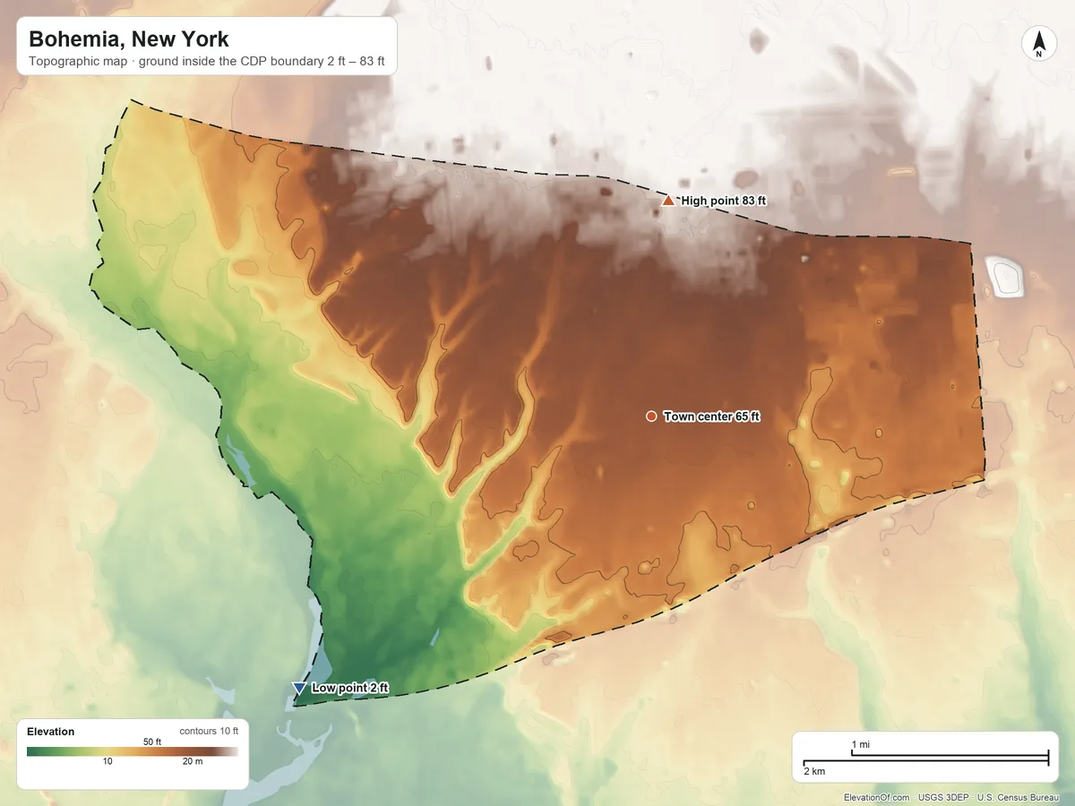 Topographic elevation map of Bohemia, New York, shaded from 2 ft on the southwest side to 83 ft on the north side
