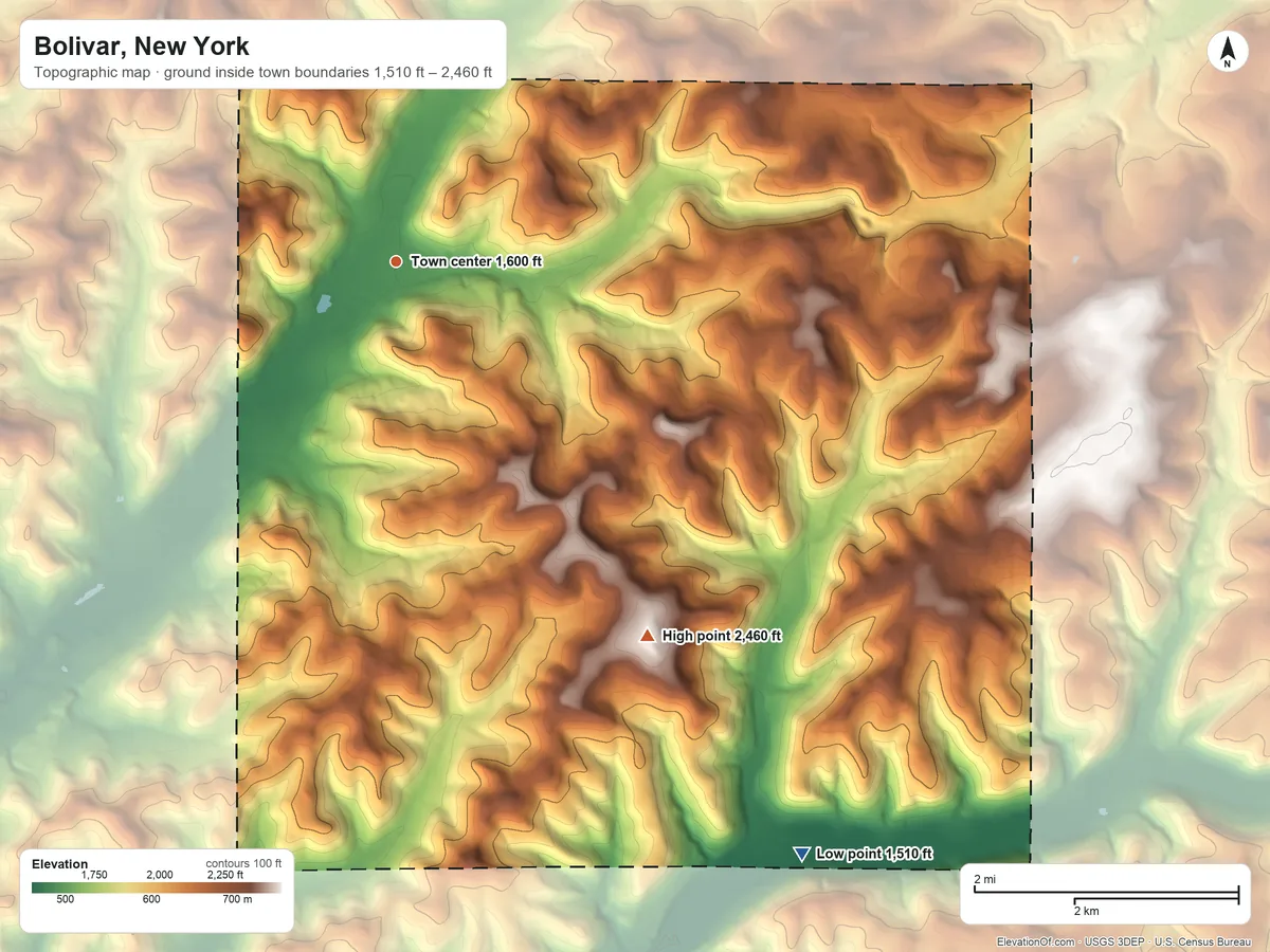 Topographic elevation map of Bolivar, New York, shaded from 1,510 ft on the southeast side to 2,460 ft on the southeast side