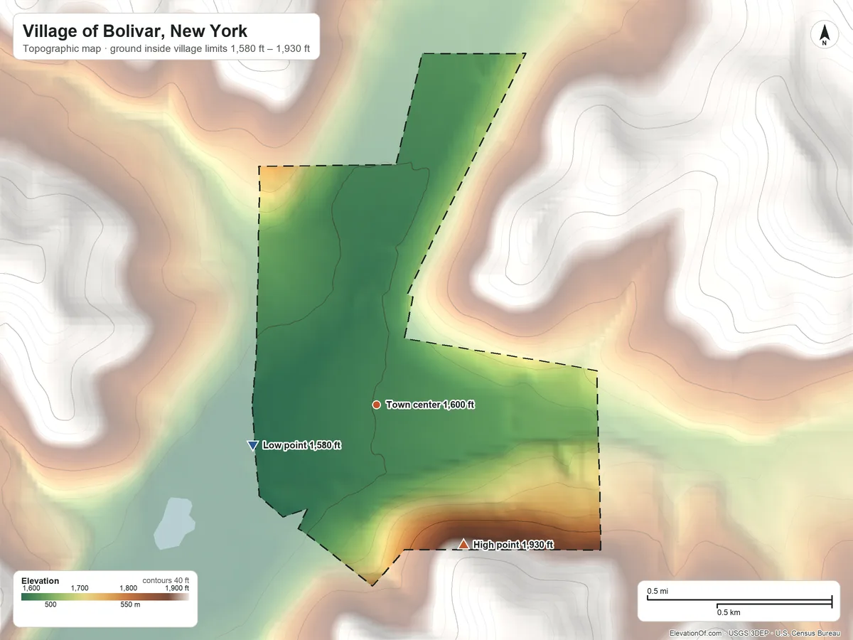 Topographic elevation map of Village of Bolivar, New York, shaded from 1,580 ft on the west side to 1,930 ft on the southeast edge, below higher ground just outside
