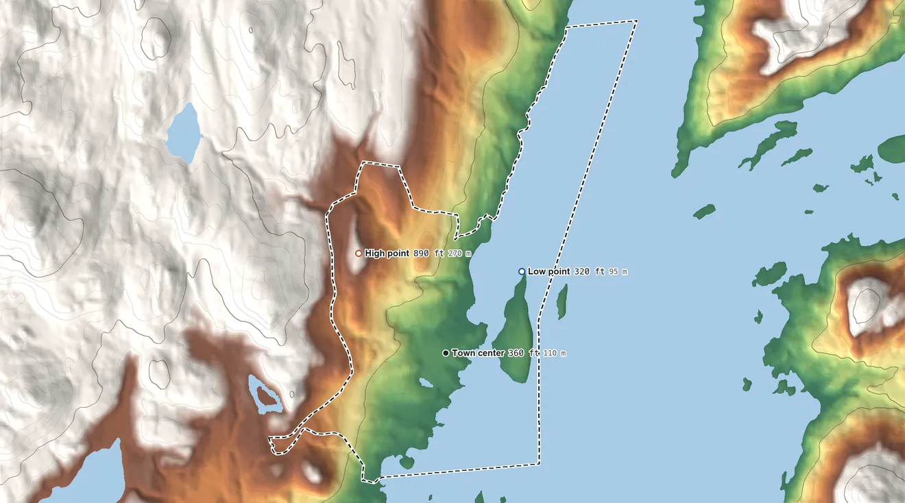 Topographic elevation map of Bolton Landing, New York, shaded from 320 ft on the northeast side to 890 ft at the foot of the Tongue Mountain Range