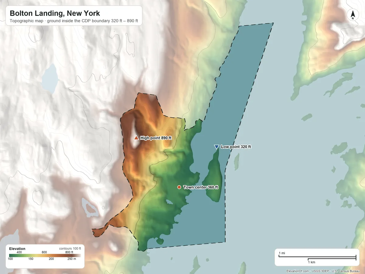 Topographic elevation map of Bolton Landing, New York, shaded from 320 ft on the northeast side to 890 ft at the foot of the Tongue Mountain Range
