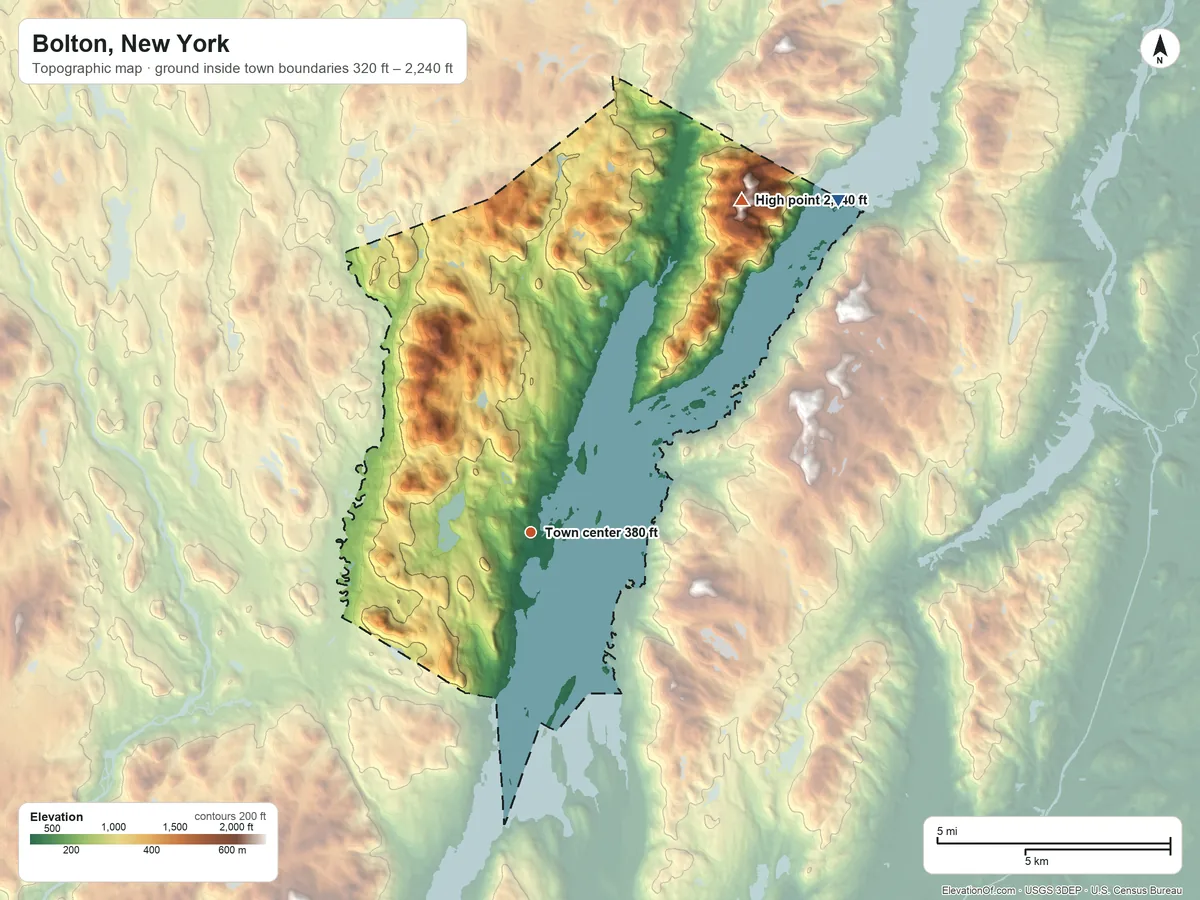 Topographic elevation map of Bolton, New York, shaded from 320 ft on the northeast side to 2,240 ft on Fivemile Mountain