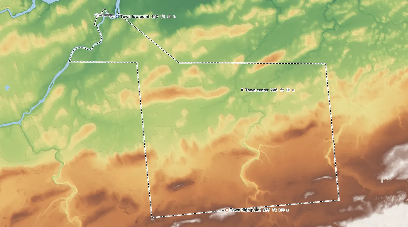 Topographic elevation map of Bombay, New York, shaded from 150 ft on the northwest side to 330 ft on the south side