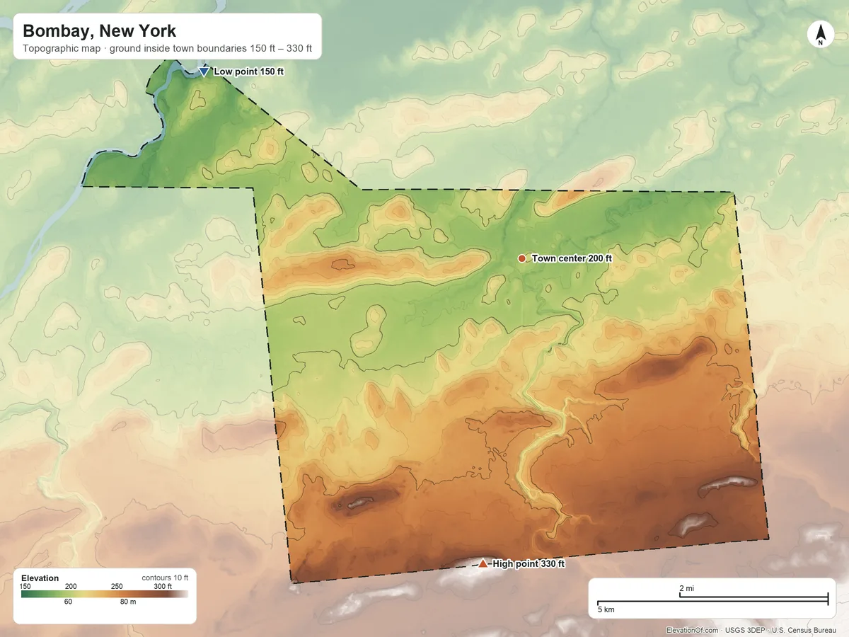 Topographic elevation map of Bombay, New York, shaded from 150 ft on the northwest side to 330 ft on the south side