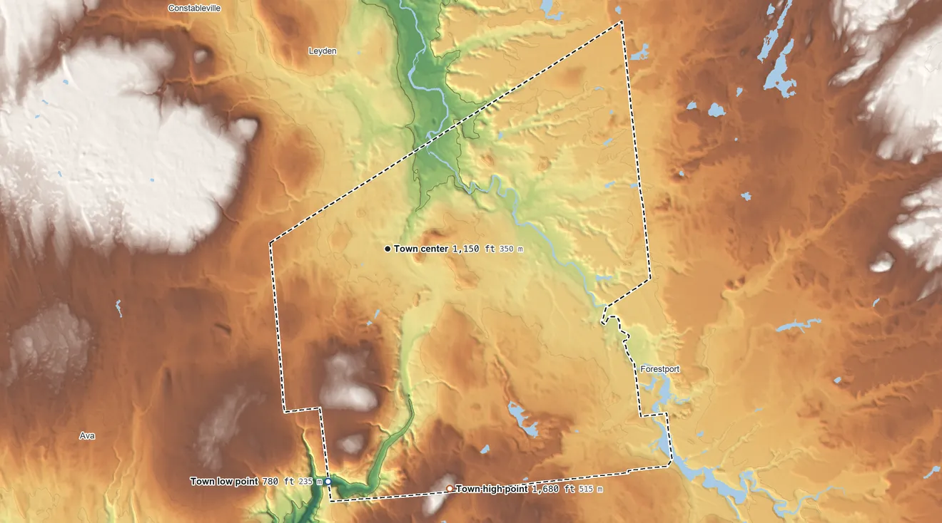 Topographic elevation map of Boonville, New York, shaded from 780 ft on the south side to 1,680 ft on the south side