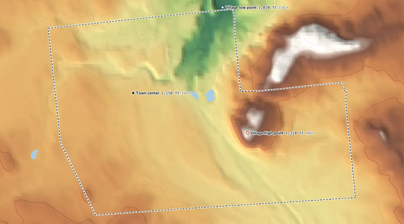 Topographic elevation map of Village of Boonville, New York, shaded from 1,020 ft on the northeast side to 1,310 ft on Park Hill