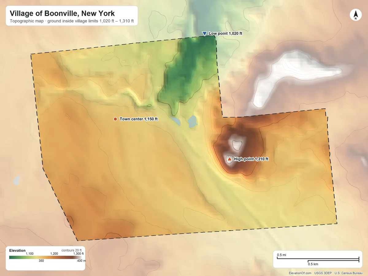 Topographic elevation map of Village of Boonville, New York, shaded from 1,020 ft on the northeast side to 1,310 ft on Park Hill