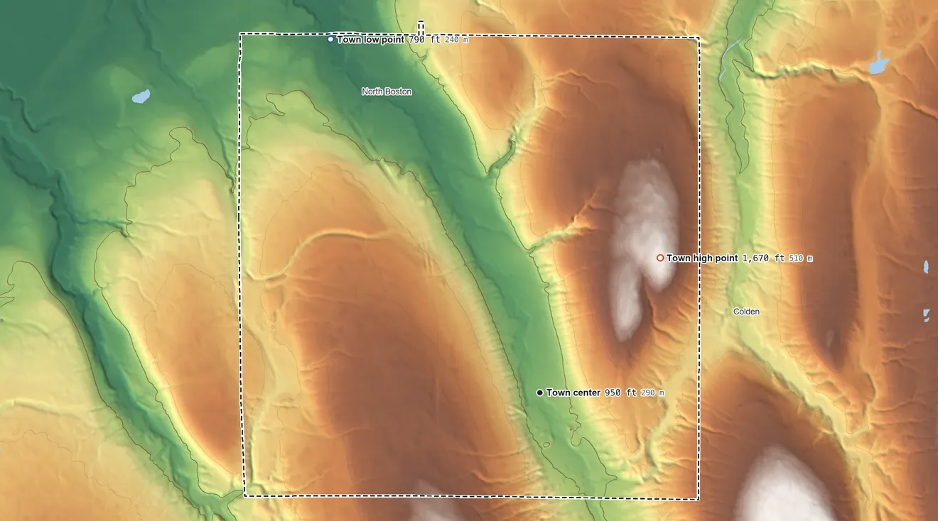 Topographic elevation map of Boston, New York, shaded from 790 ft on the northwest side to 1,670 ft on East Hill