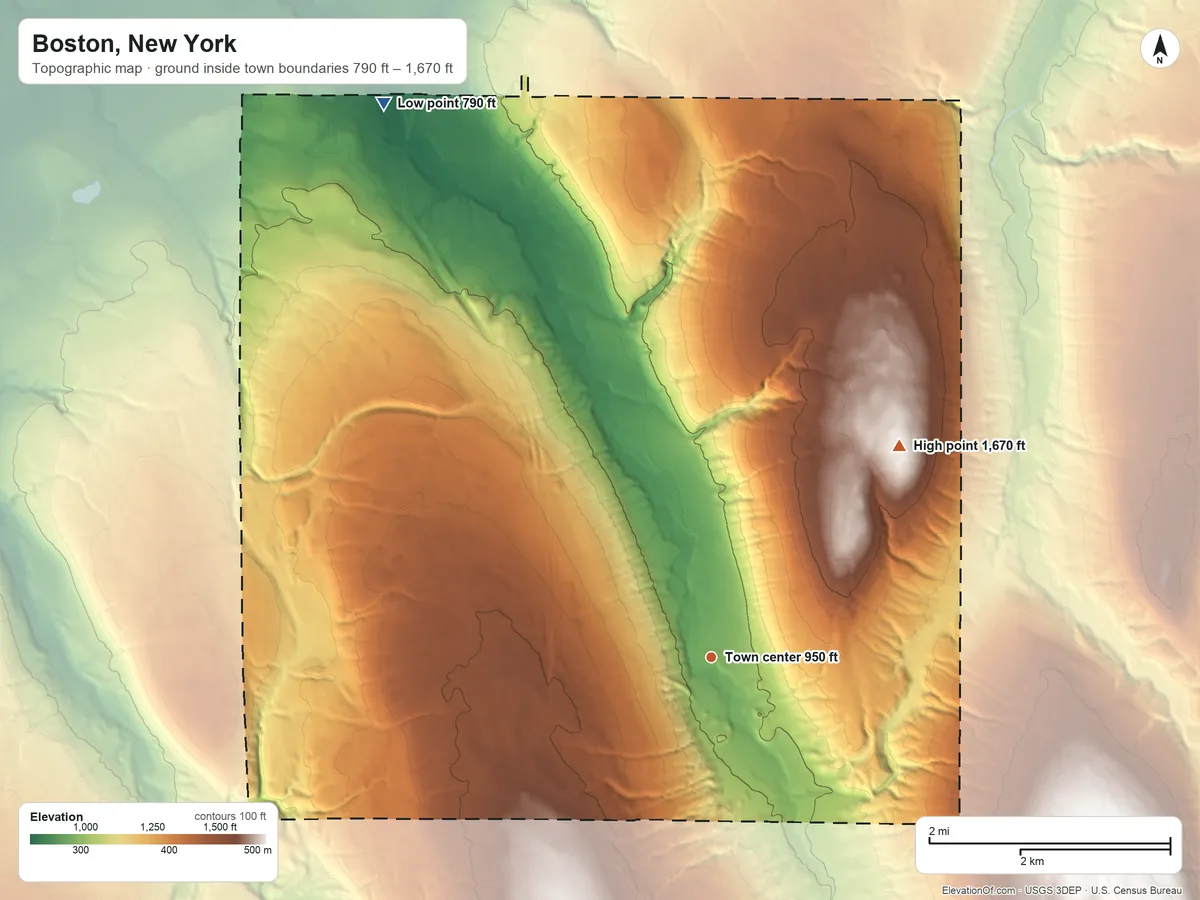 Topographic elevation map of Boston, New York, shaded from 790 ft on the northwest side to 1,670 ft on East Hill