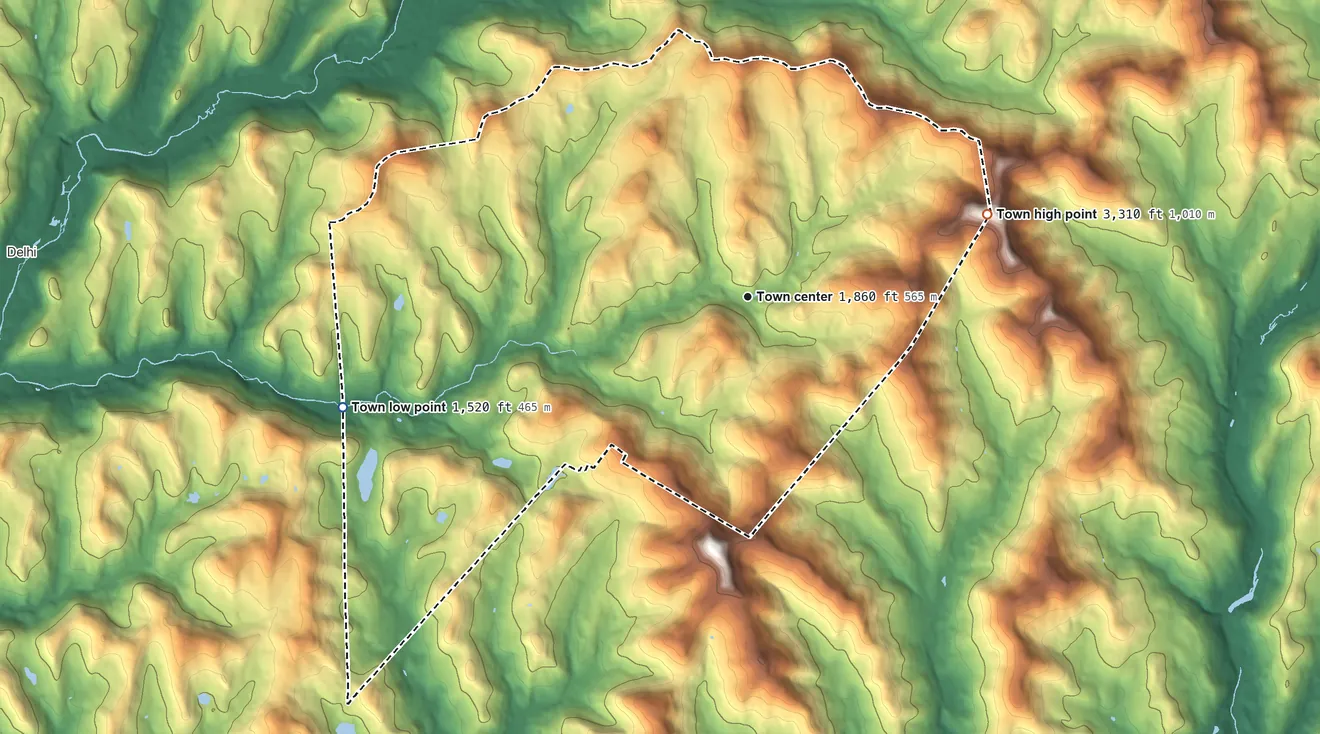 Topographic elevation map of Bovina, New York, shaded from 1,520 ft on the west side to 3,310 ft on the east side