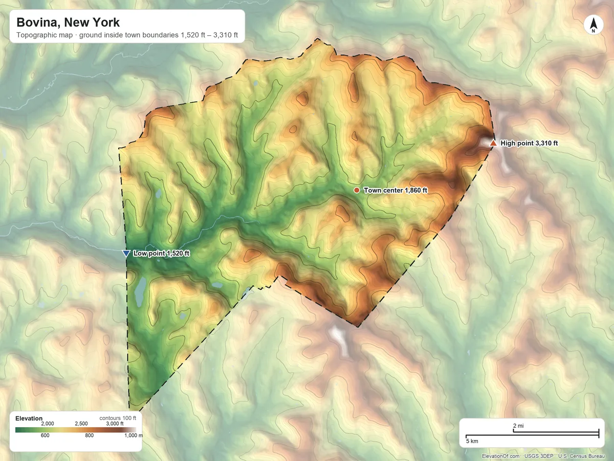 Topographic elevation map of Bovina, New York, shaded from 1,520 ft on the west side to 3,310 ft on the east side