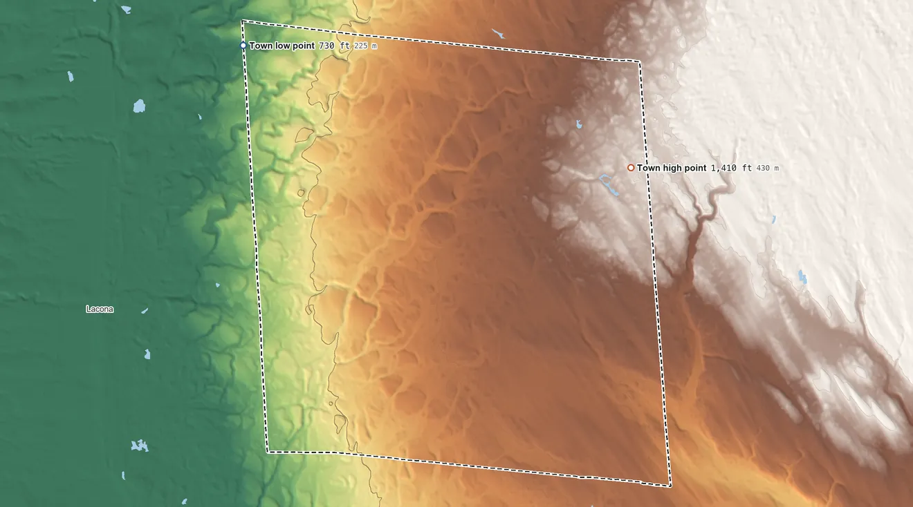 Topographic elevation map of Boylston, New York, shaded from 730 ft on the northwest side to 1,410 ft on the northeast side