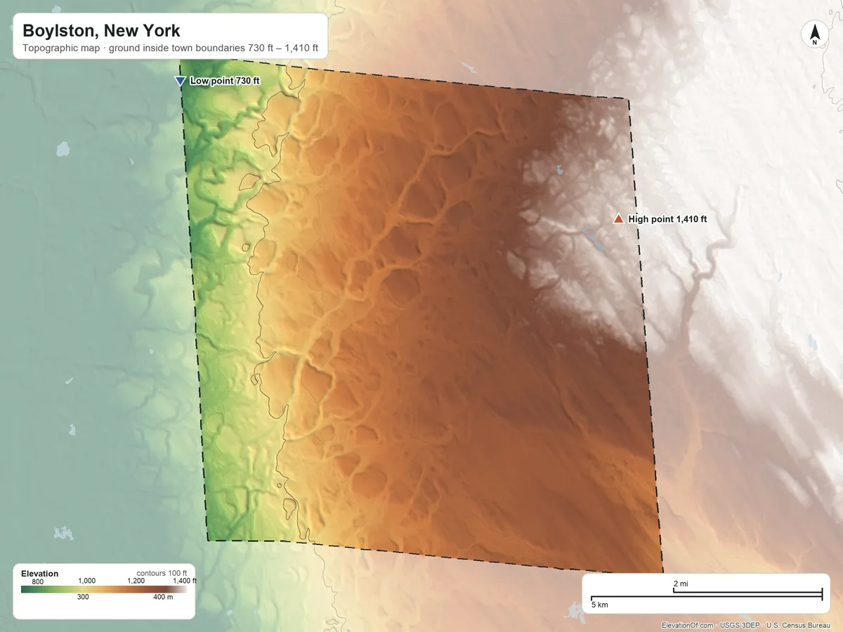 Topographic elevation map of Boylston, New York, shaded from 730 ft on the northwest side to 1,410 ft on the northeast side