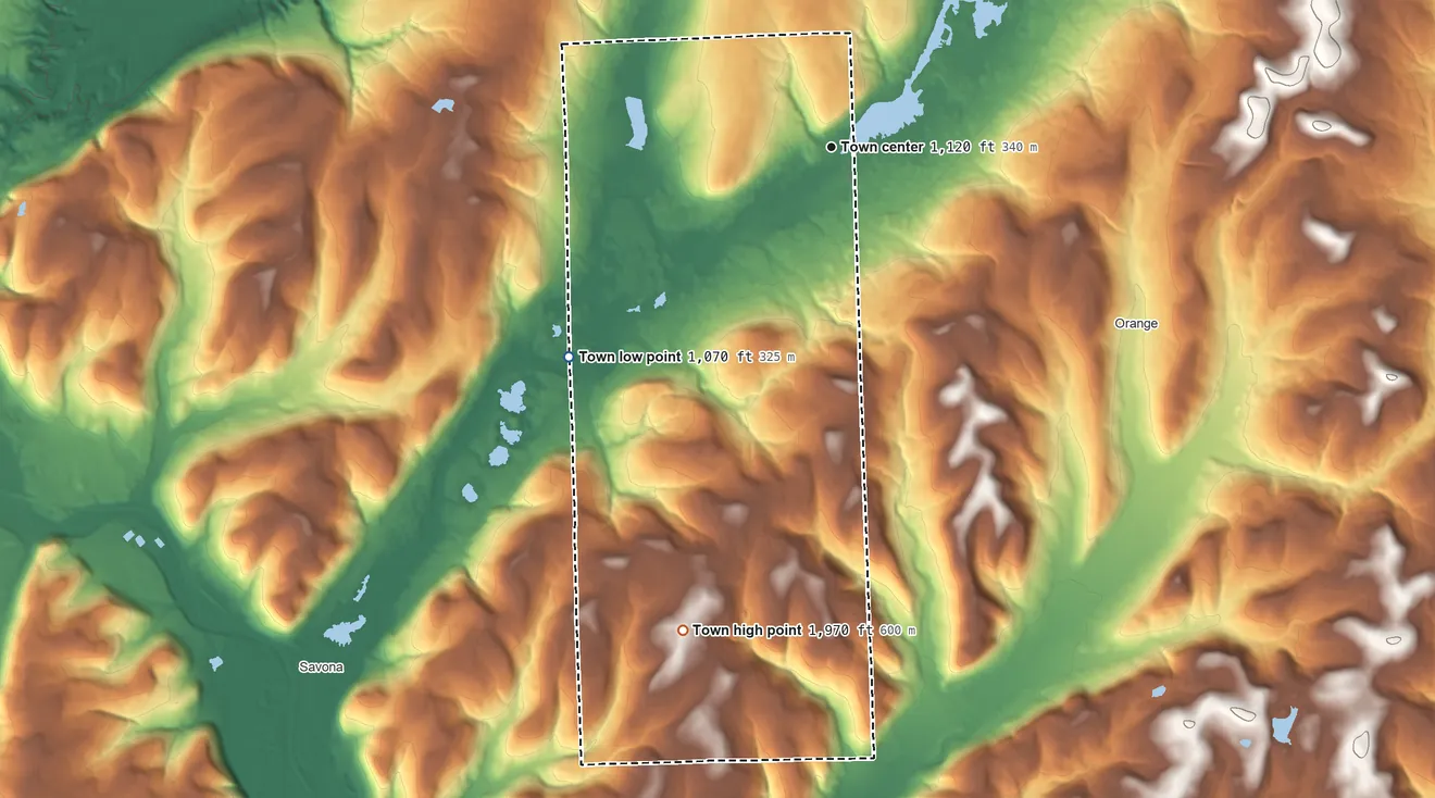 Topographic elevation map of Bradford, New York, shaded from 1,070 ft on the southwest side to 1,970 ft on the south side