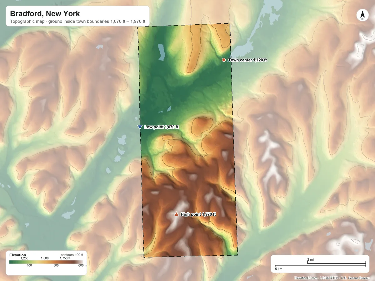 Topographic elevation map of Bradford, New York, shaded from 1,070 ft on the southwest side to 1,970 ft on the south side