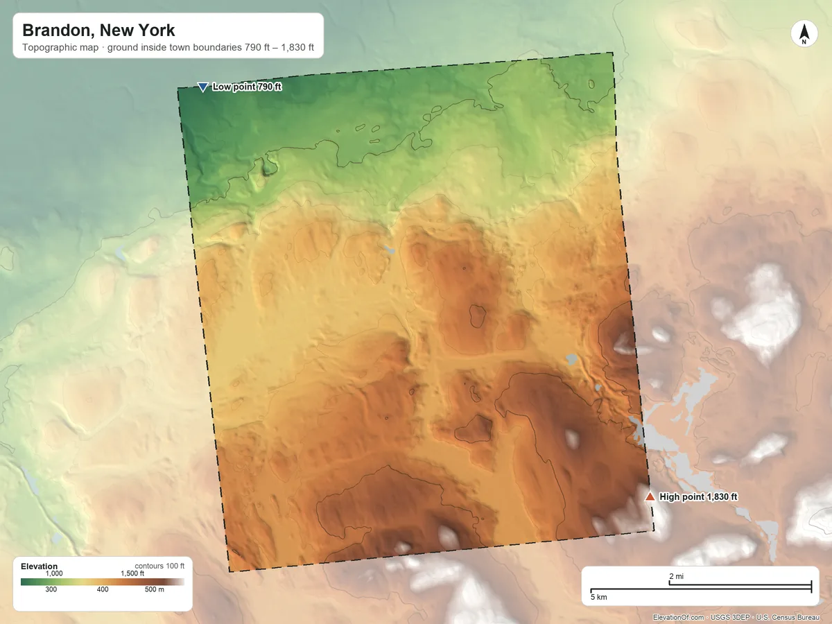 Topographic elevation map of Brandon, New York, shaded from 790 ft on the west side to 1,830 ft on the southeast side