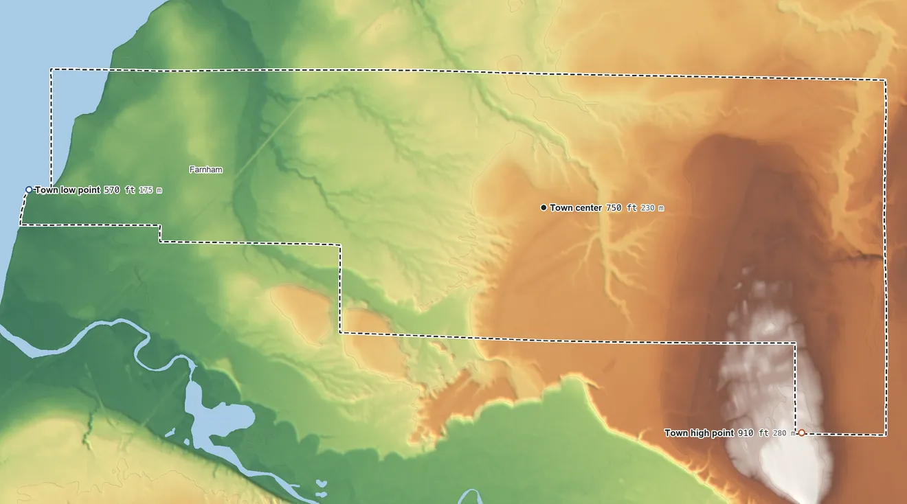 Topographic elevation map of Brant, New York, shaded from 570 ft on the west side to 910 ft on the southeast side