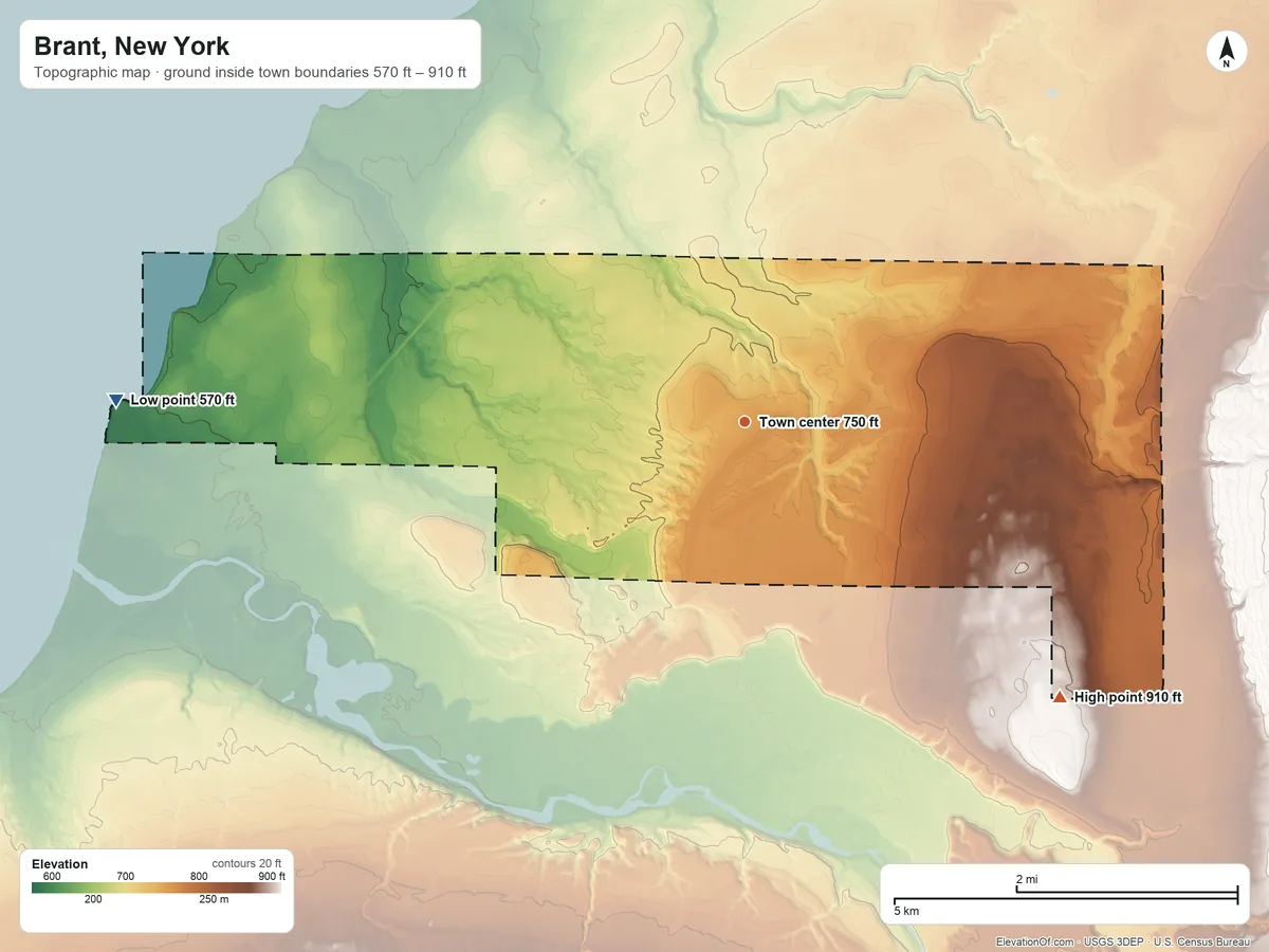 Topographic elevation map of Brant, New York, shaded from 570 ft on the west side to 910 ft on the southeast side