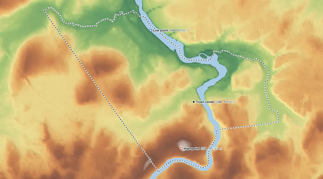 Topographic elevation map of Brasher Falls, New York, shaded from 260 ft on the northwest side to 350 ft on the south side