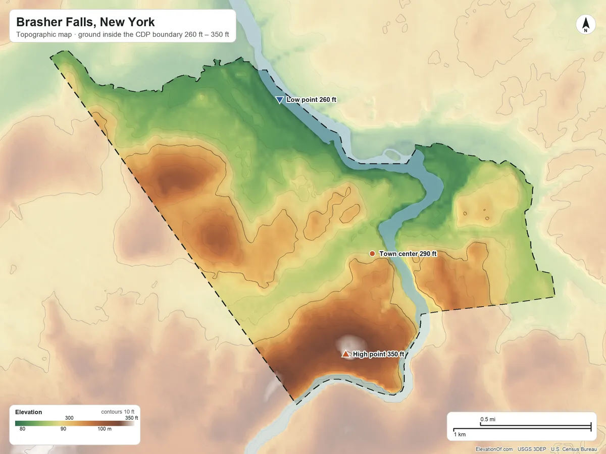Topographic elevation map of Brasher Falls, New York, shaded from 260 ft on the northwest side to 350 ft on the south side