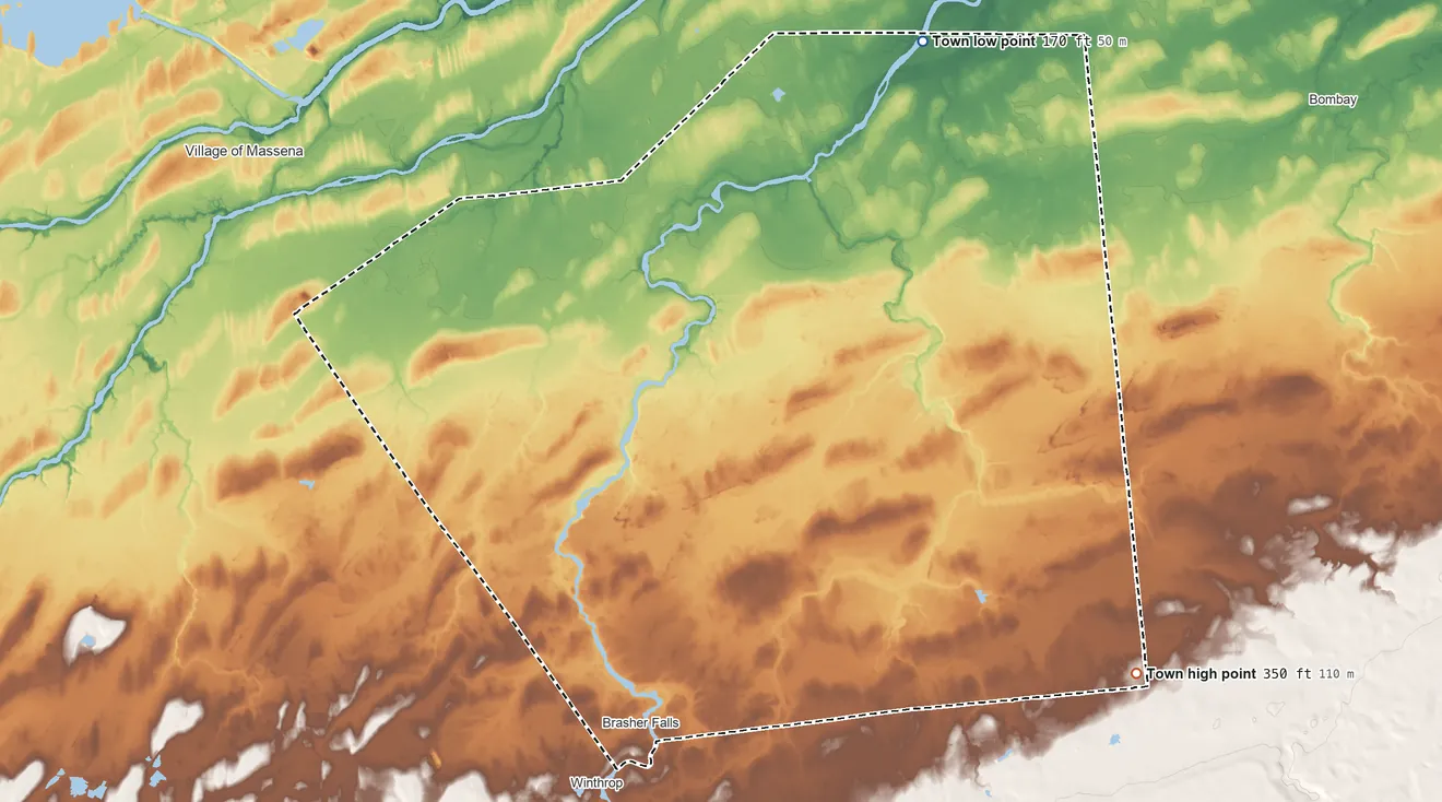 Topographic elevation map of Brasher, New York, shaded from 170 ft on the northeast side to 350 ft on the southeast side