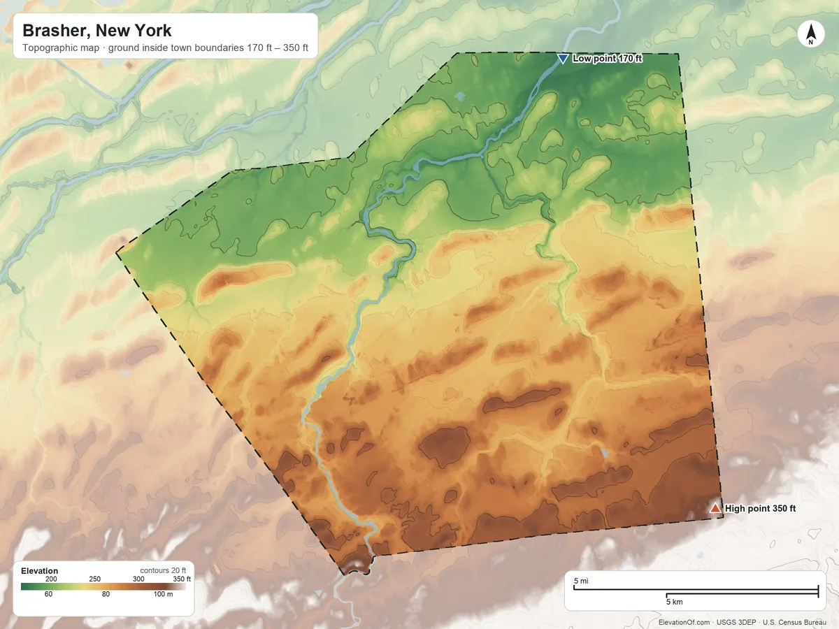 Topographic elevation map of Brasher, New York, shaded from 170 ft on the northeast side to 350 ft on the southeast side