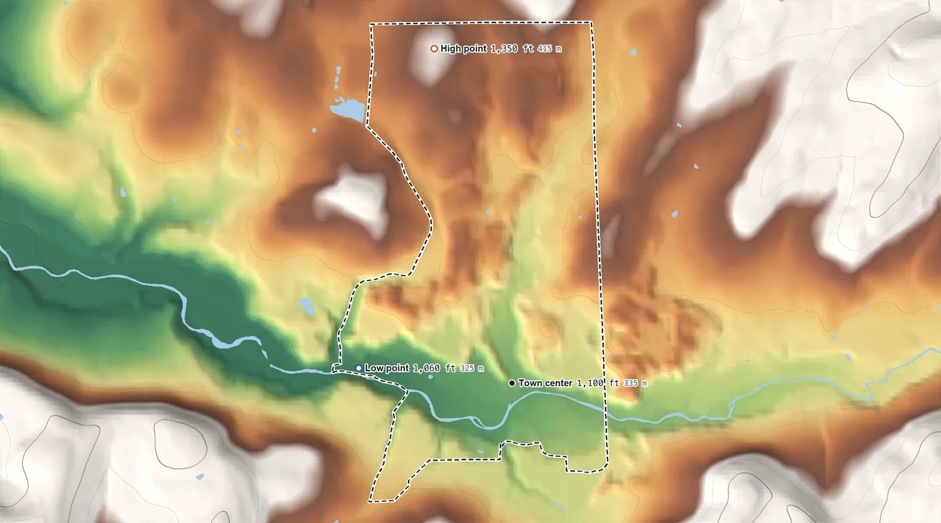 Topographic elevation map of Breesport, New York, shaded from 1,060 ft on the west side to 1,350 ft on the north side