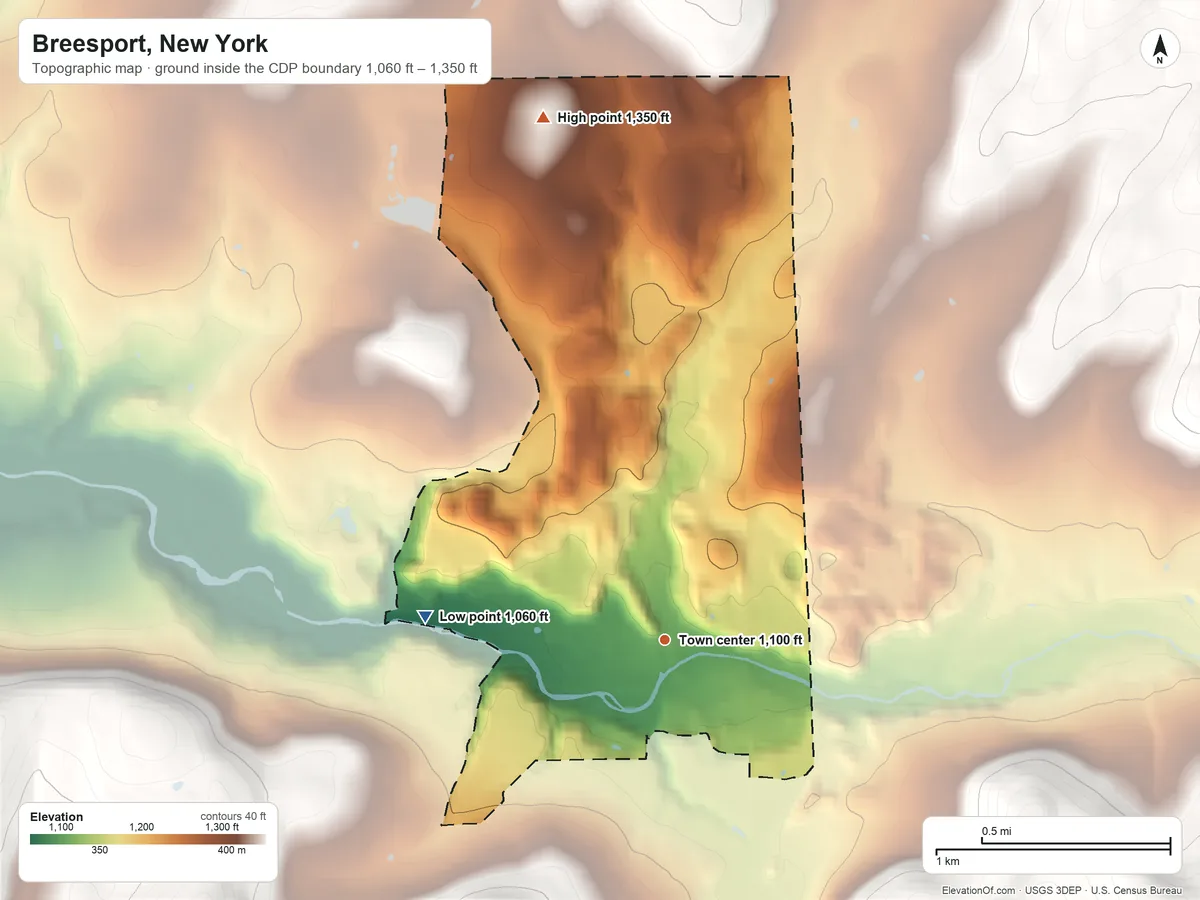 Topographic elevation map of Breesport, New York, shaded from 1,060 ft on the west side to 1,350 ft on the north side