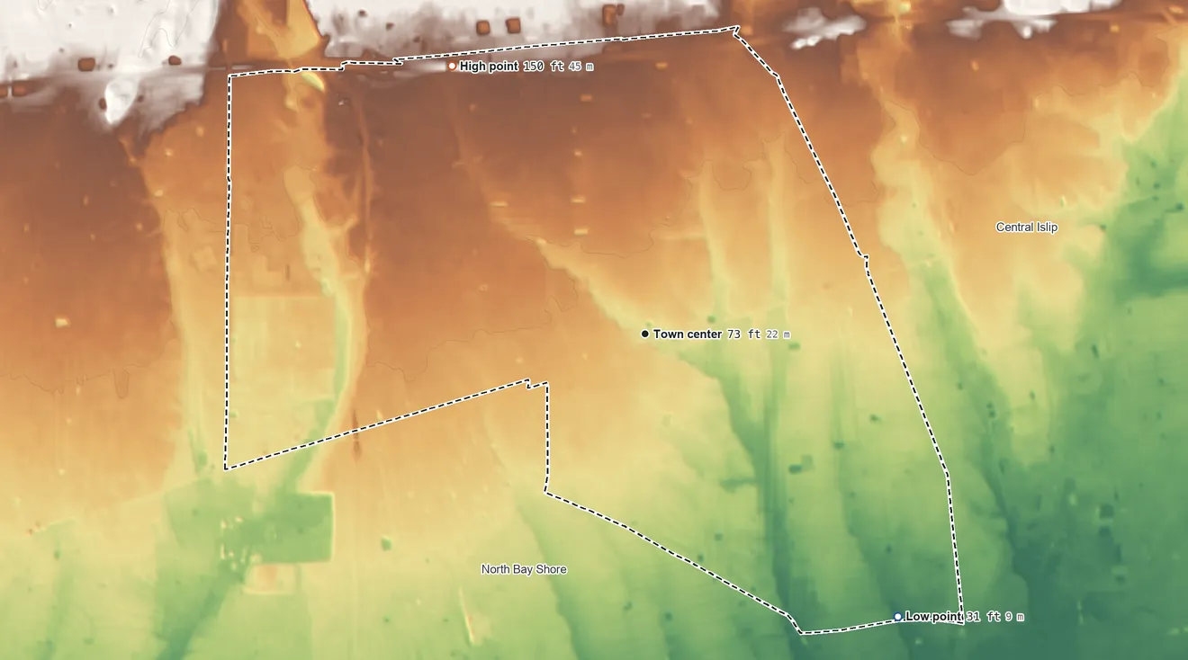 Topographic elevation map of Brentwood, New York, shaded from 31 ft on the southeast side to 150 ft on the northwest side